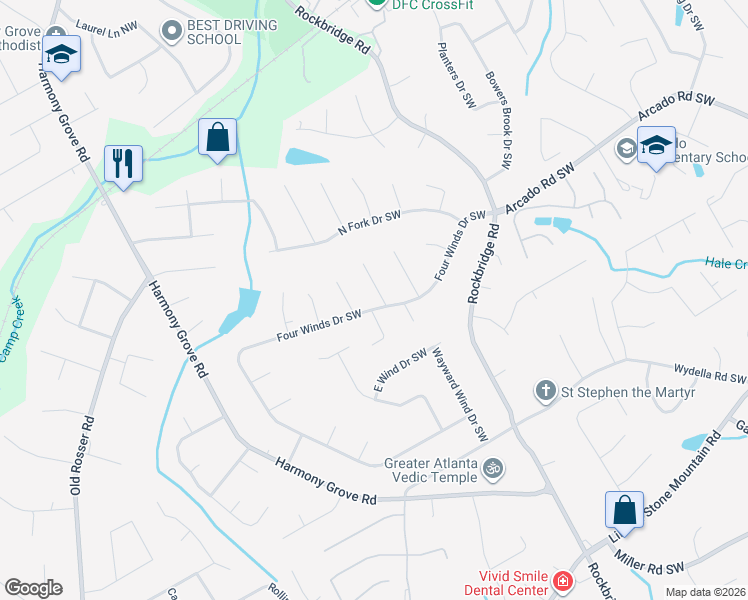 map of restaurants, bars, coffee shops, grocery stores, and more near 252 Marquis Court Southwest in Lilburn