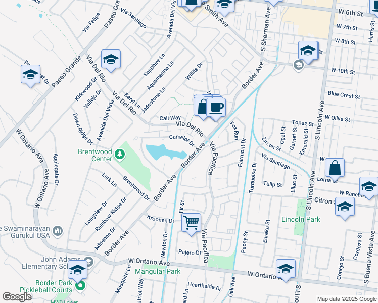 map of restaurants, bars, coffee shops, grocery stores, and more near 1308 Border Avenue in Corona