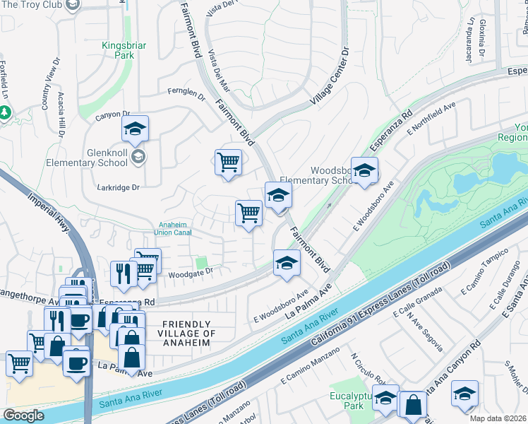 map of restaurants, bars, coffee shops, grocery stores, and more near 6467 Amberwood Lane in Yorba Linda