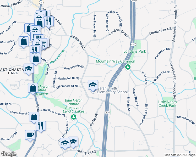 map of restaurants, bars, coffee shops, grocery stores, and more near 515 Danube Road Northeast in Atlanta