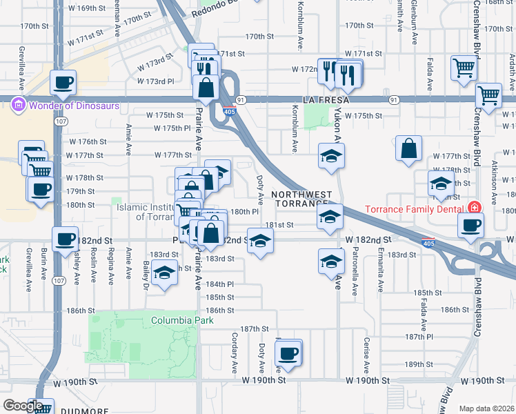 map of restaurants, bars, coffee shops, grocery stores, and more near 3805 180th Place in Torrance