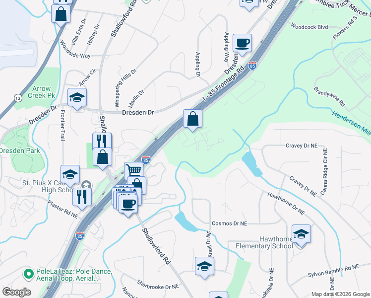 map of restaurants, bars, coffee shops, grocery stores, and more near 3081 Colonial Way in Chamblee