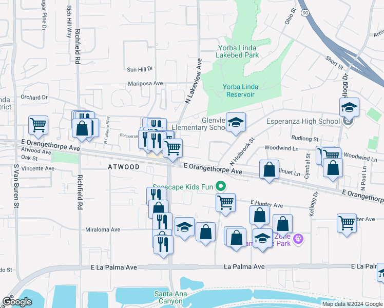 map of restaurants, bars, coffee shops, grocery stores, and more near 4553 Larkspur Circle in Anaheim