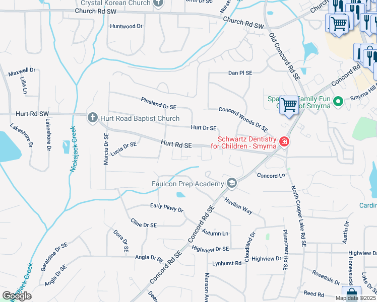 map of restaurants, bars, coffee shops, grocery stores, and more near 1400 Springbrook Trail in Smyrna