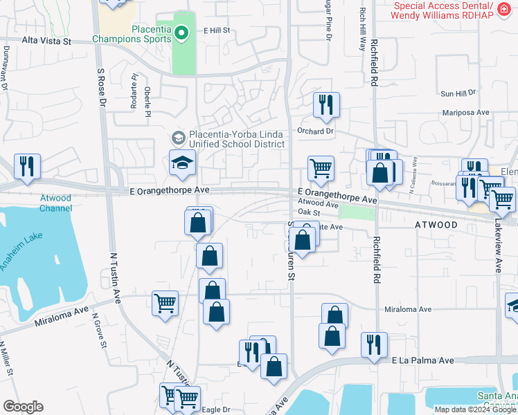 map of restaurants, bars, coffee shops, grocery stores, and more near 1553 Lima Way in Placentia