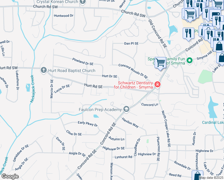 map of restaurants, bars, coffee shops, grocery stores, and more near 1507 Springbrook Trail in Smyrna