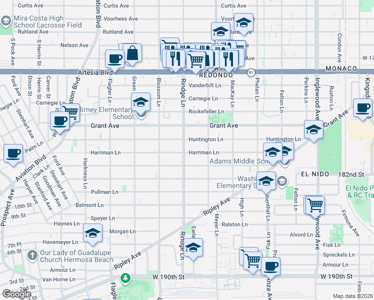 map of restaurants, bars, coffee shops, grocery stores, and more near 2203 Harriman Lane in Redondo Beach