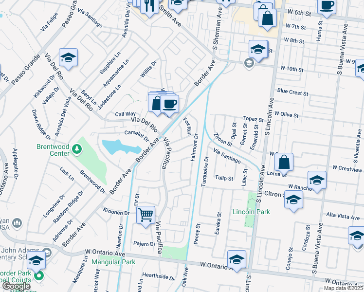 map of restaurants, bars, coffee shops, grocery stores, and more near 1251 Mayfair Drive in Corona
