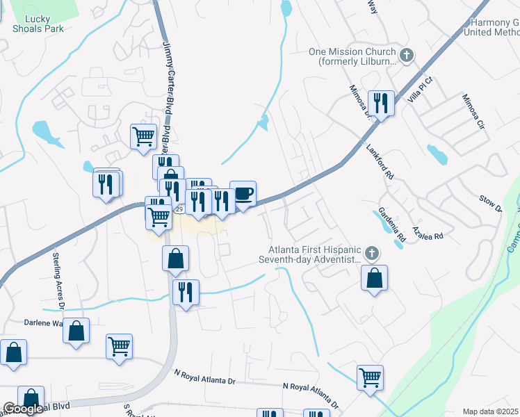 map of restaurants, bars, coffee shops, grocery stores, and more near 6284 U.S. 29 in Tucker