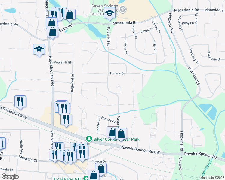 map of restaurants, bars, coffee shops, grocery stores, and more near 3541 Forest Hill Road in Powder Springs