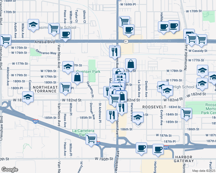 map of restaurants, bars, coffee shops, grocery stores, and more near 1866 180th Place in Torrance