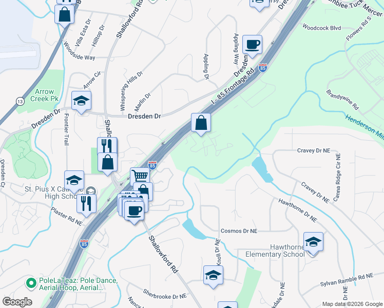 map of restaurants, bars, coffee shops, grocery stores, and more near 3081 Colonial Way in Chamblee