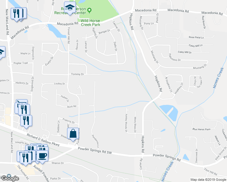 map of restaurants, bars, coffee shops, grocery stores, and more near 3619 Tommy Drive in Powder Springs