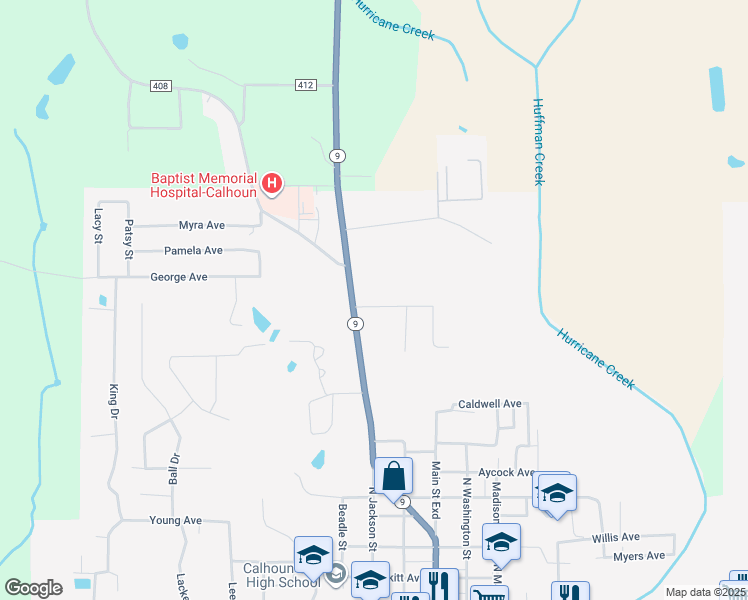map of restaurants, bars, coffee shops, grocery stores, and more near 130 Gregory Avenue in Calhoun City