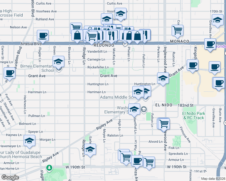 map of restaurants, bars, coffee shops, grocery stores, and more near 2404 Harriman Lane in Redondo Beach