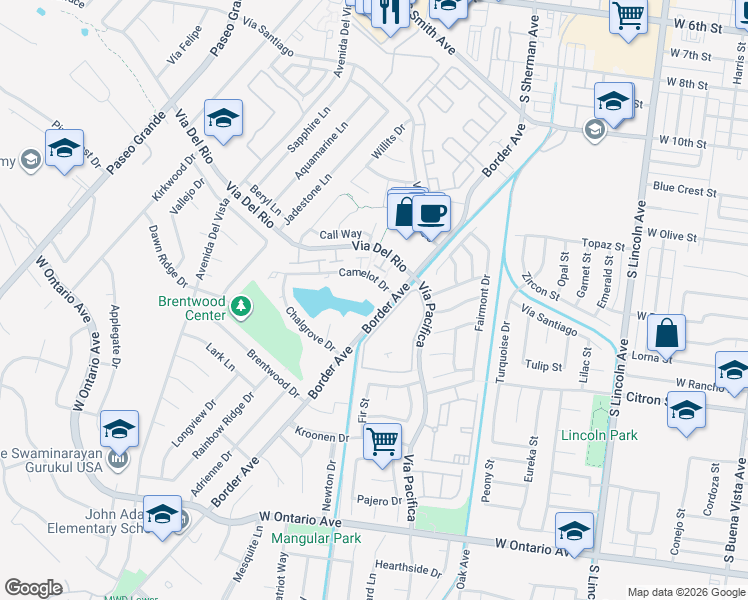 map of restaurants, bars, coffee shops, grocery stores, and more near 1348 Camelot Drive in Corona