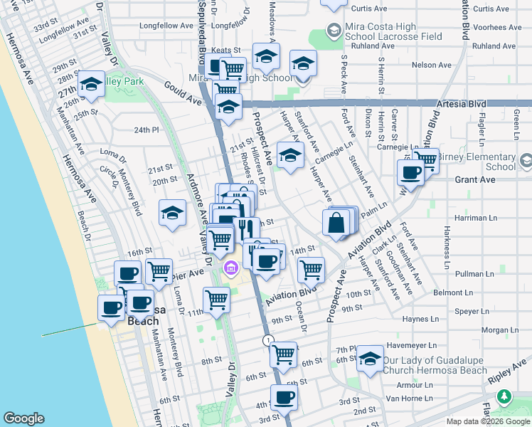 map of restaurants, bars, coffee shops, grocery stores, and more near 924 17th Street in Hermosa Beach