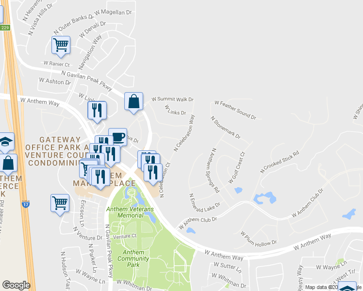 map of restaurants, bars, coffee shops, grocery stores, and more near 42163 North Celebration Way in Phoenix
