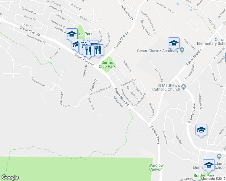 map of restaurants, bars, coffee shops, grocery stores, and more near 2400 Del Mar Way in Corona