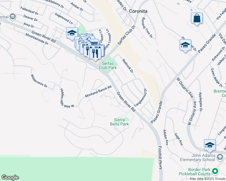 map of restaurants, bars, coffee shops, grocery stores, and more near 2400 Del Mar Way in Corona