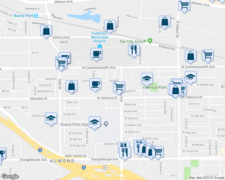 map of restaurants, bars, coffee shops, grocery stores, and more near 238 South Kellogg Avenue in Fullerton