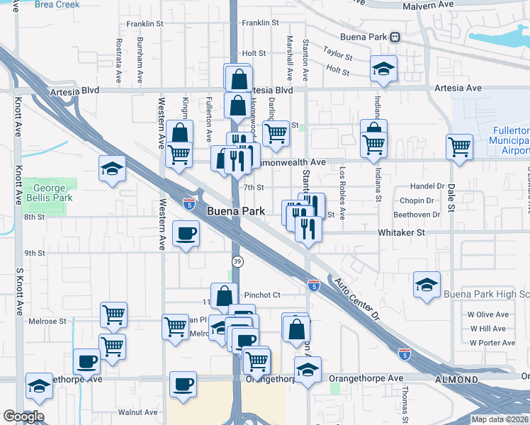 map of restaurants, bars, coffee shops, grocery stores, and more near 7852 8th Street in Buena Park