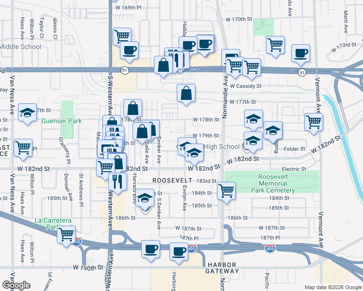 map of restaurants, bars, coffee shops, grocery stores, and more near 1517 180th Street in Gardena