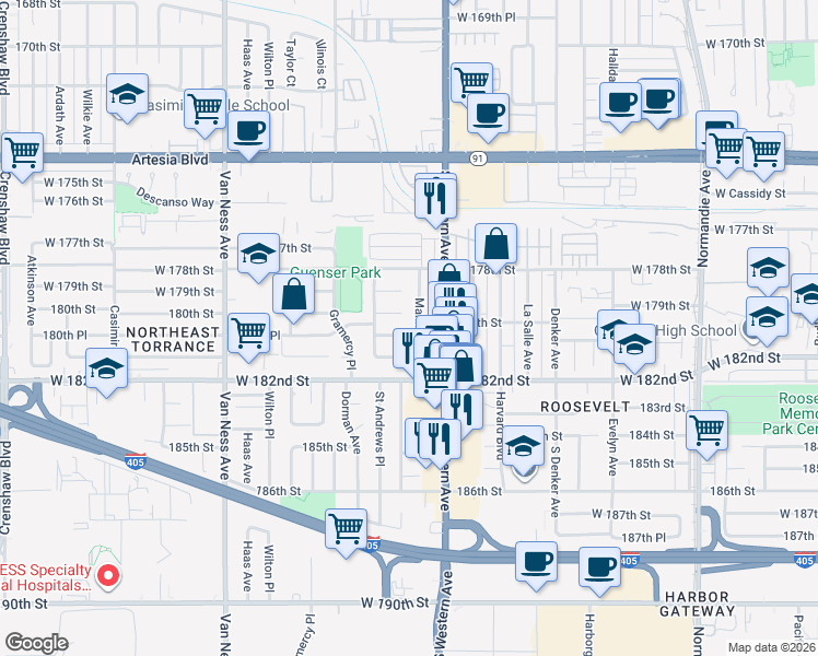 map of restaurants, bars, coffee shops, grocery stores, and more near 1866 180th Place in Torrance