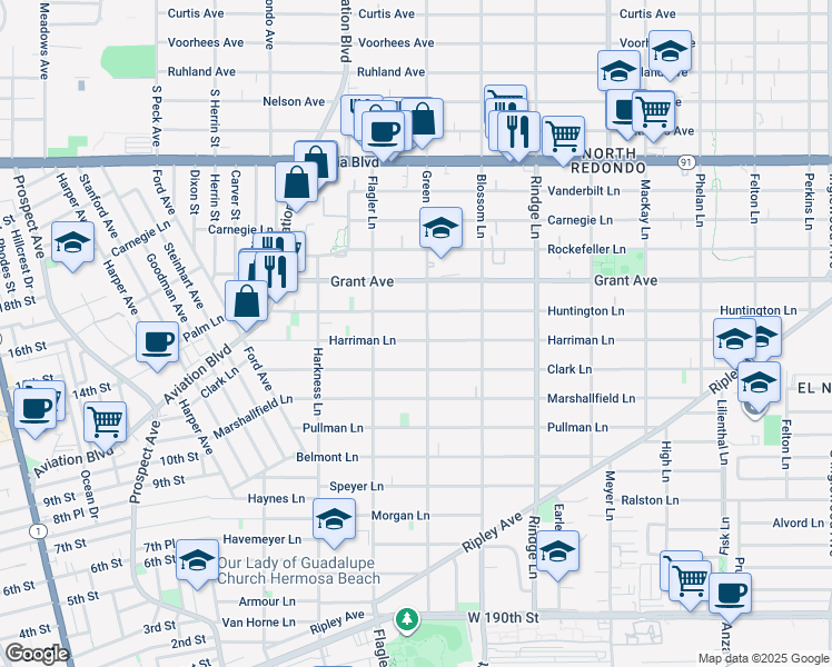 map of restaurants, bars, coffee shops, grocery stores, and more near 1924 Harriman Lane in Redondo Beach
