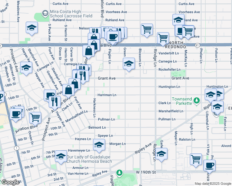 map of restaurants, bars, coffee shops, grocery stores, and more near 1904 Harriman Lane in Redondo Beach