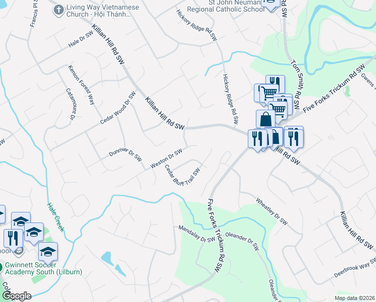 map of restaurants, bars, coffee shops, grocery stores, and more near 4260 Weston Drive Southwest in Lilburn