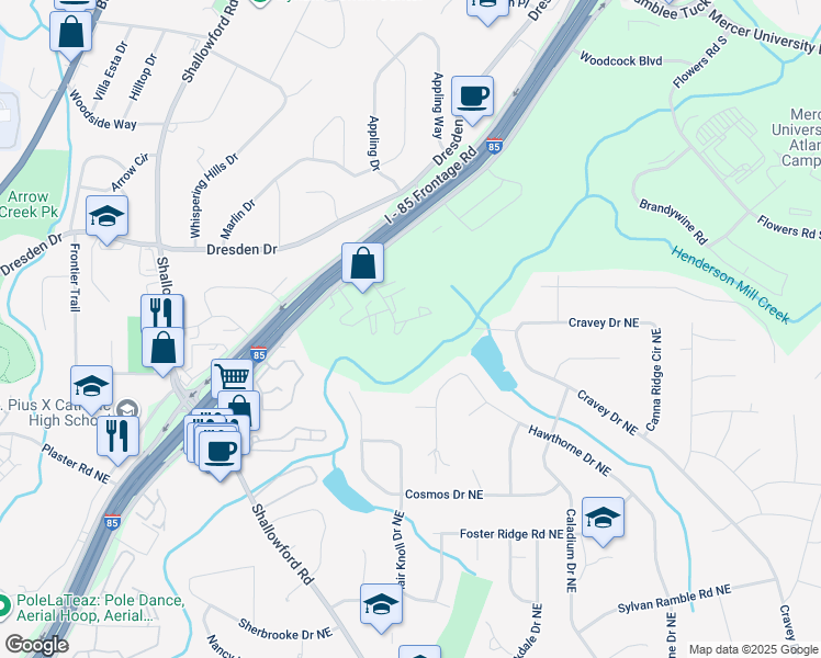 map of restaurants, bars, coffee shops, grocery stores, and more near 3095 Colonial Way in Chamblee
