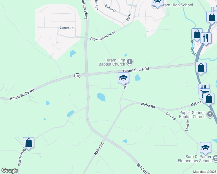 map of restaurants, bars, coffee shops, grocery stores, and more near 13 Stonybrook Drive in Hiram