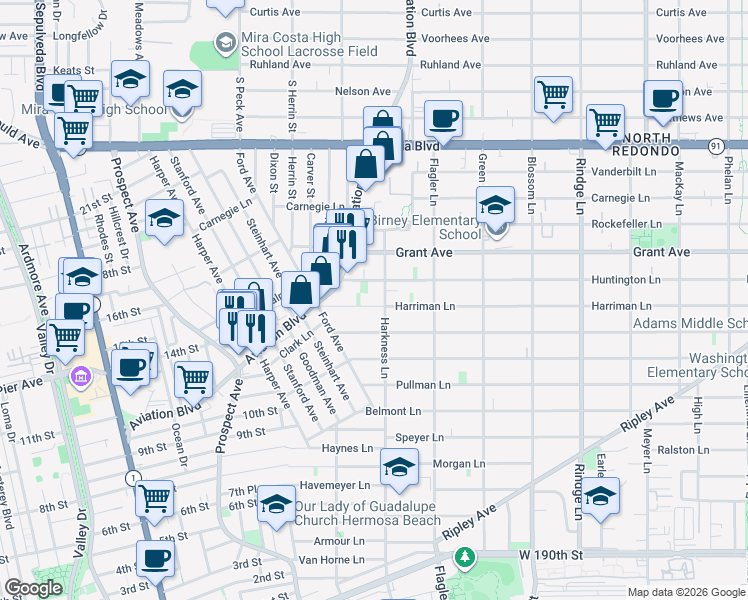 map of restaurants, bars, coffee shops, grocery stores, and more near 1729 Harriman Lane in Redondo Beach