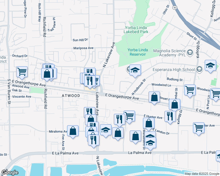 map of restaurants, bars, coffee shops, grocery stores, and more near 4553 Larkspur Circle in Anaheim