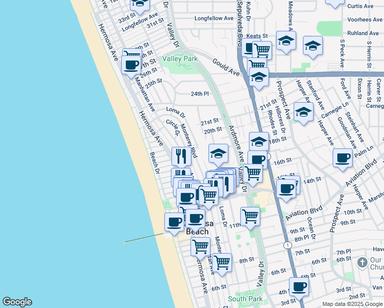 map of restaurants, bars, coffee shops, grocery stores, and more near 1831 Monterey Boulevard in Hermosa Beach