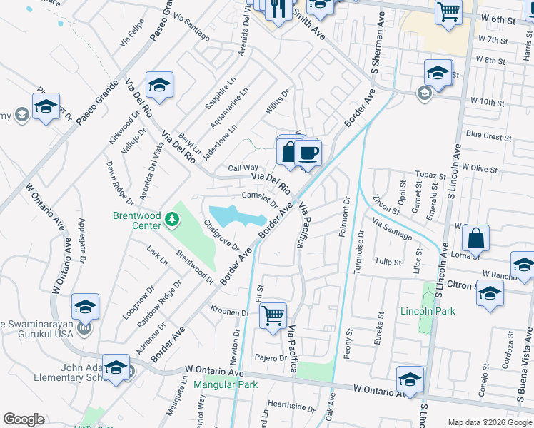 map of restaurants, bars, coffee shops, grocery stores, and more near 1348 Camelot Drive in Corona