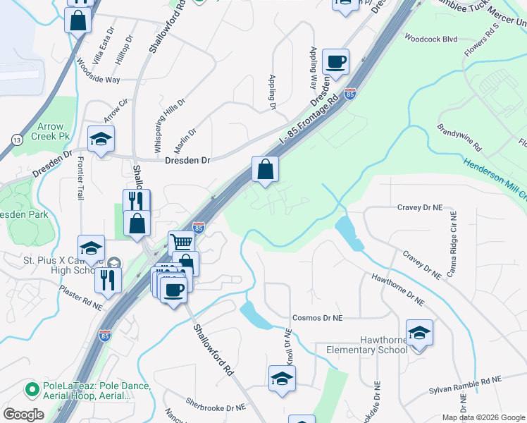 map of restaurants, bars, coffee shops, grocery stores, and more near 3091 Colonial Way in Atlanta