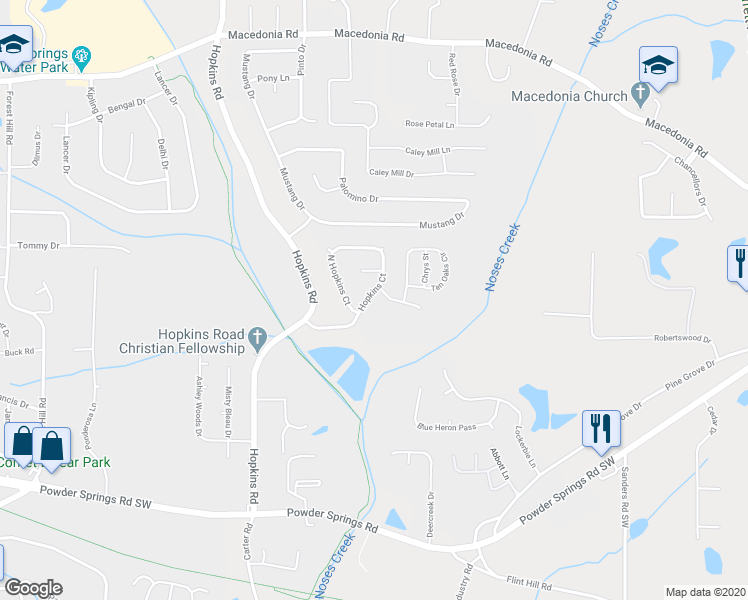 map of restaurants, bars, coffee shops, grocery stores, and more near 3530 Hopkins Court in Powder Springs
