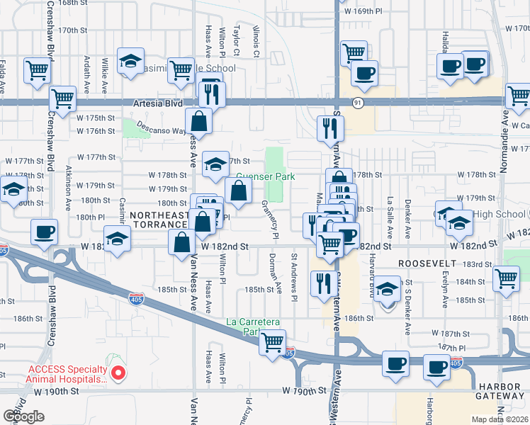 map of restaurants, bars, coffee shops, grocery stores, and more near 2001 180th Place in Torrance