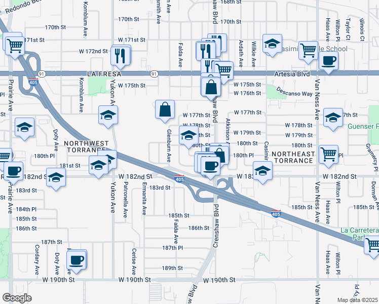 map of restaurants, bars, coffee shops, grocery stores, and more near in Torrance