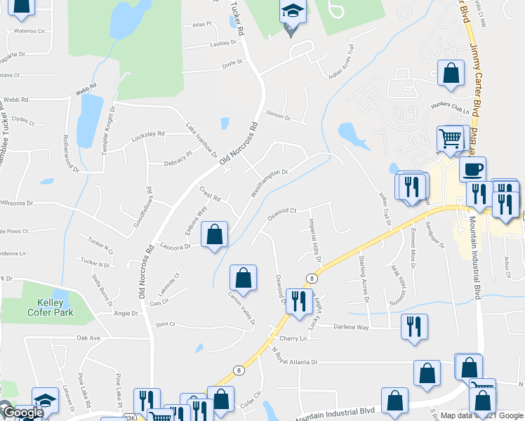 map of restaurants, bars, coffee shops, grocery stores, and more near 4594 Oswood Court in Tucker