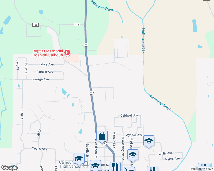 map of restaurants, bars, coffee shops, grocery stores, and more near 130-136 Gregory Ave in Calhoun City