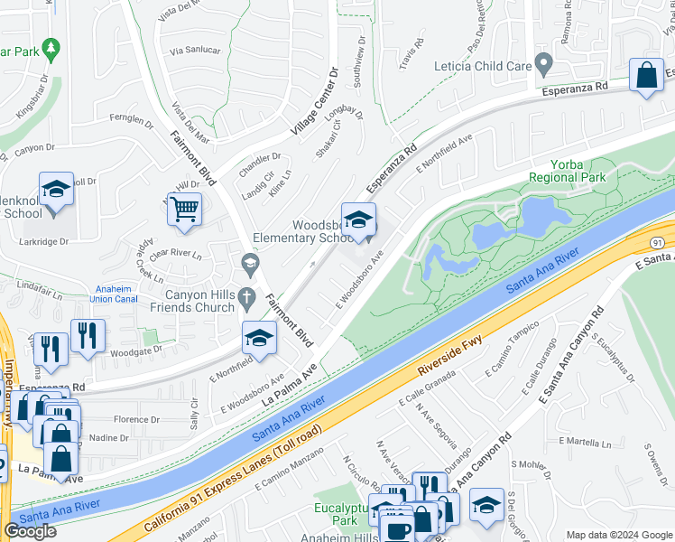 map of restaurants, bars, coffee shops, grocery stores, and more near 1261 North Tippetts Lane in Anaheim