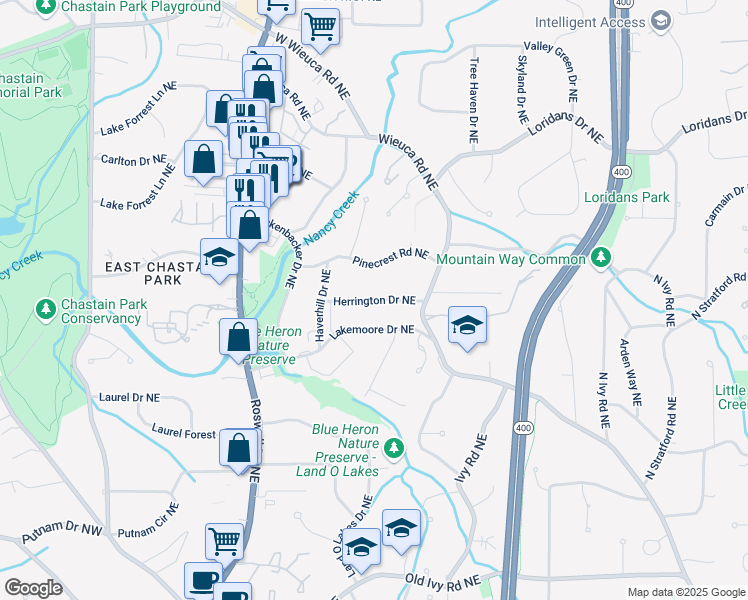 map of restaurants, bars, coffee shops, grocery stores, and more near Herrington Dr NE in Atlanta