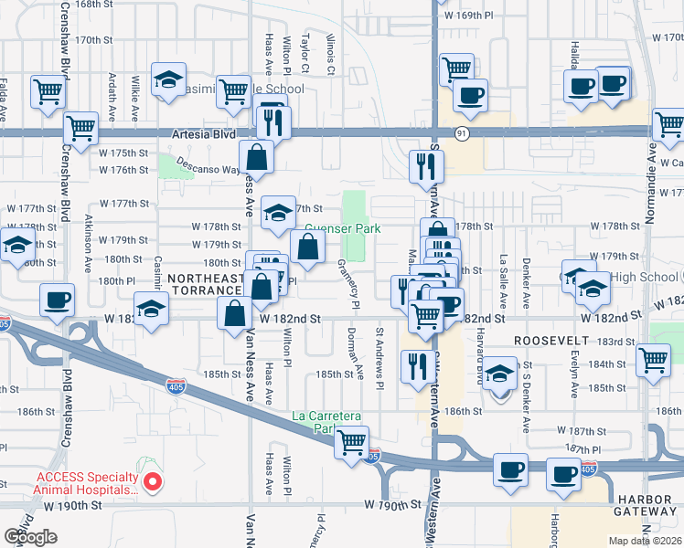 map of restaurants, bars, coffee shops, grocery stores, and more near 2001 180th Place in Torrance