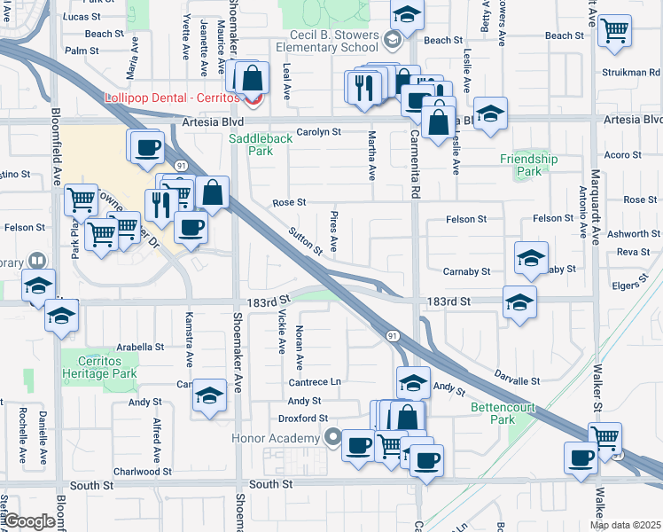 map of restaurants, bars, coffee shops, grocery stores, and more near 13210 Sutton Street in Cerritos