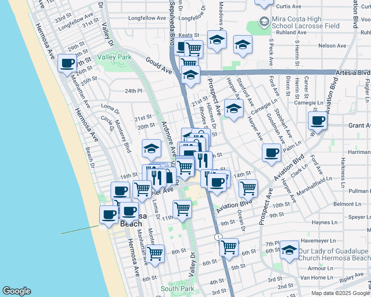 map of restaurants, bars, coffee shops, grocery stores, and more near 1707 Pacific Coast Highway in Hermosa Beach