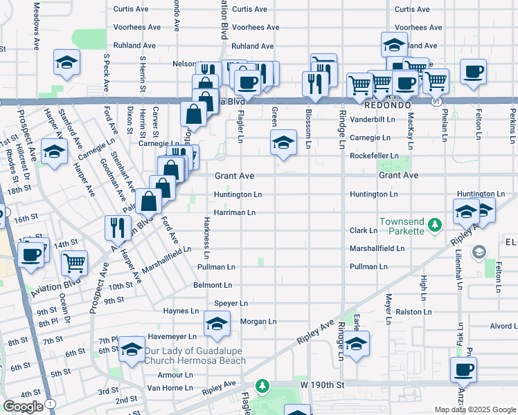 map of restaurants, bars, coffee shops, grocery stores, and more near 1913 Harriman Lane in Redondo Beach