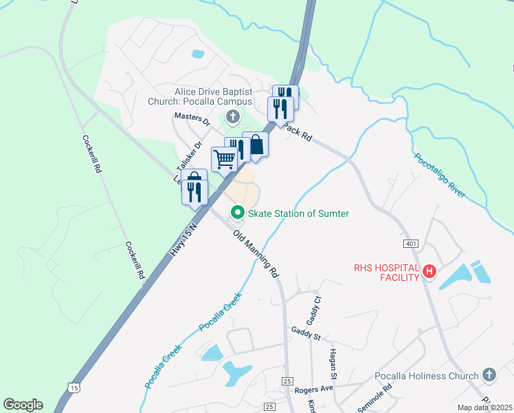 map of restaurants, bars, coffee shops, grocery stores, and more near 1785 U.S. 15 in Sumter